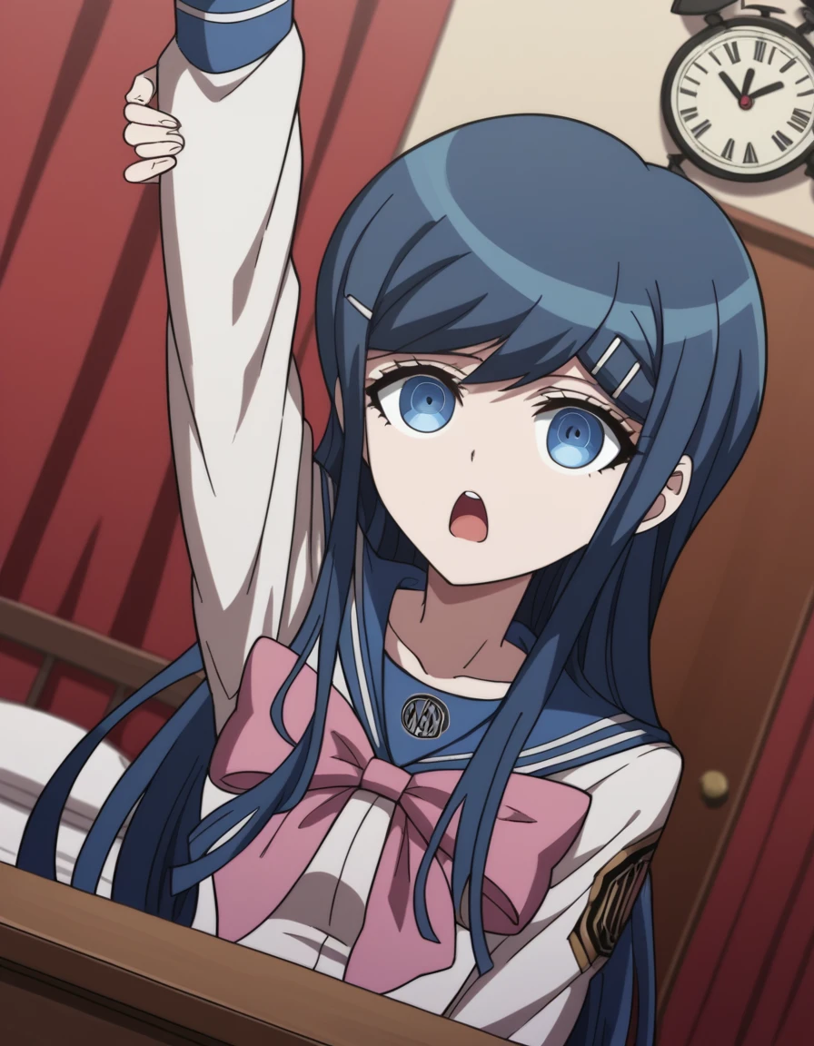 score_9, score_8_up, score_7_up, source_anime, <lora:sayaka-maizono-s1-ponyxl-lora-nochekaiser:1>, sayaka maizono, long hair, bangs, blue eyes, hair ornament, blue hair, hairclip,, long sleeves, bow, school uniform, collarbone, serafuku, bowtie, sailor collar, pink bow,, bedroom, alarm clock, morning routine, yawning, stretching, on bed,, , looking at viewer, arm resting on table, solo,, cowboy shot, dutch angle