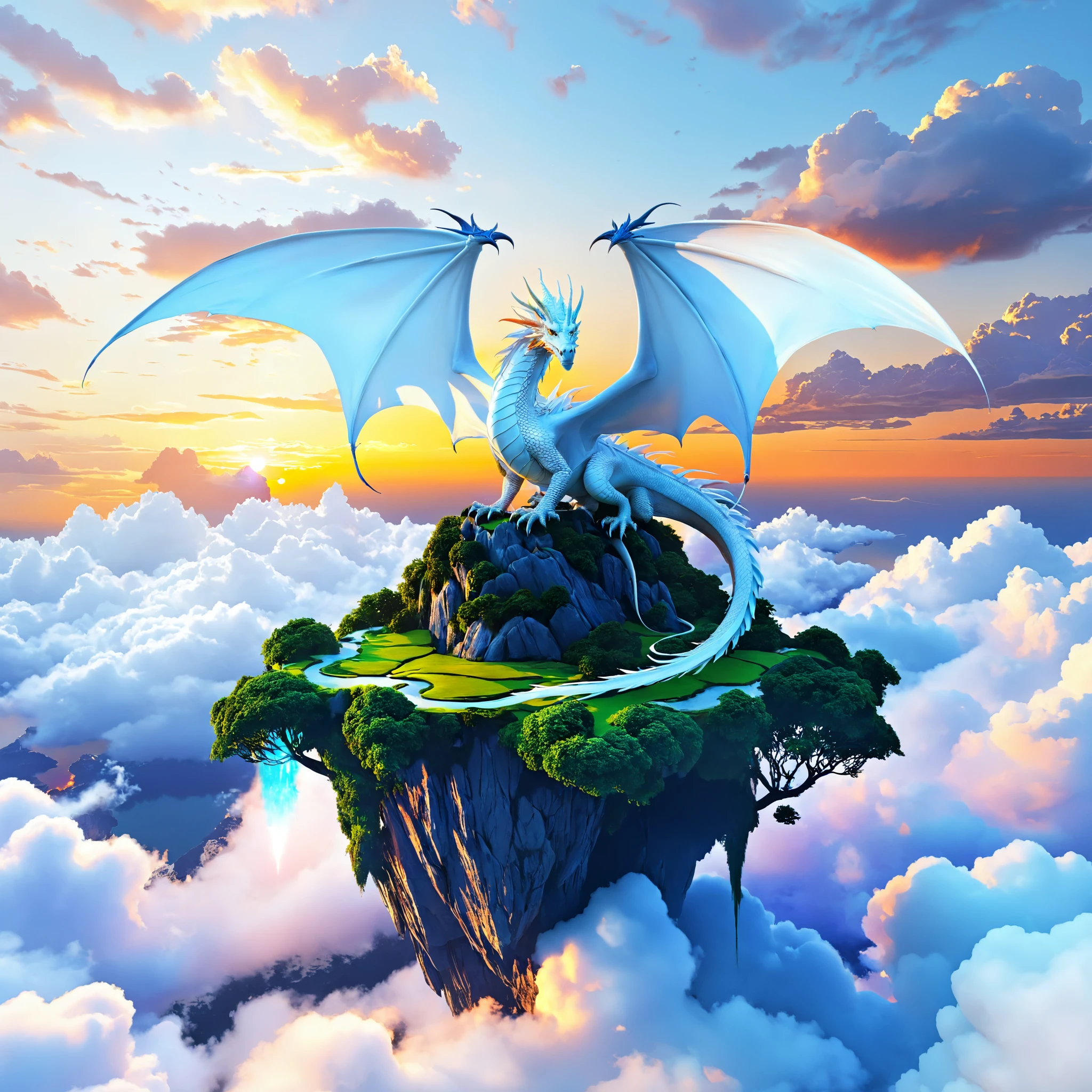 clouds, sunset, clouds all the way down, white winged dragon, dragon, sitting, floating island, <lora:epaer:0.5>, elementalplaneair, best quality, masterpiece, 4k, uncensored, prefect lighting, rating_explicit, very aesthetic, detailed, <lora:add_details_xl:0.6>, very detailed, <lora:SDXLHighDetail_v5:0.6>