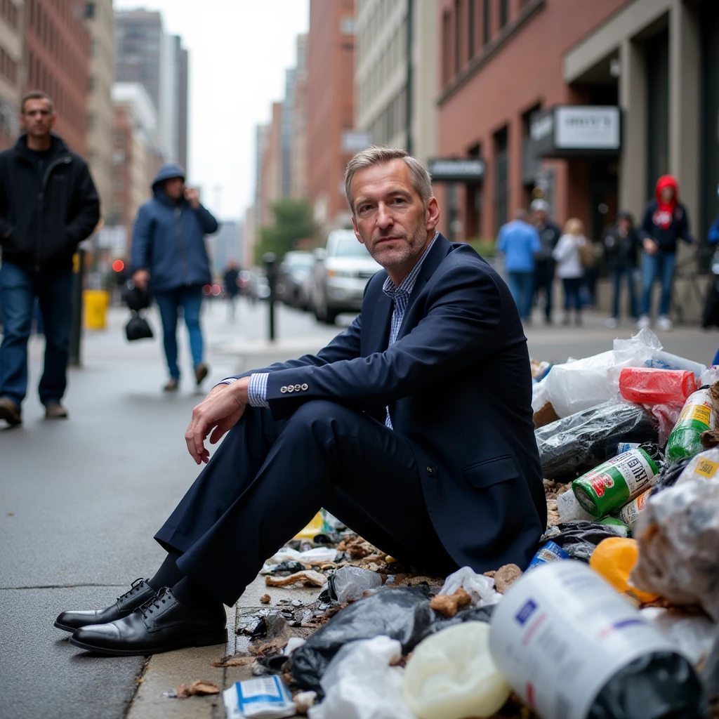 Photo of twwpqdd wearing a suit and sitting on the sidewalk in downtown Portland Oregon in a pile of trash and looking at you <segment:face,0.7> twwpqdd man, wide angle, portrait, 