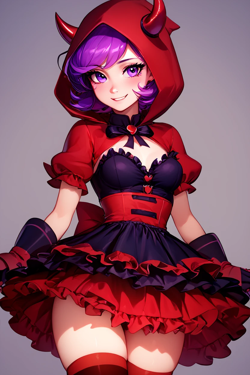 score_9, score_8_up, score_8, medium breasts, (curvy), cute, eyelashes,       BREAK, , zzCourtney, purple hair, short hair, purple eyes, red hood, fake horns, gloves, team magma uniform, <lora:Courtney_Pokemon_PDXL_Citron:1.0>, , BREAK, closed mouth, alternate costume, smile, looking at viewer, blush,  zzLFashion, frilled dress, frills, bow, dress, striped thighhighs, sweetL, cowboy shot,  embedding:zPDXL, Expressiveh,  <lora:Vivid:0.7>,  <lora:LFashionPDXL:1>,  <lora:Uncensored_PonyXL_cpt_v02.09:0.4>,  <lora:Expressive_H-000001:0.4>,