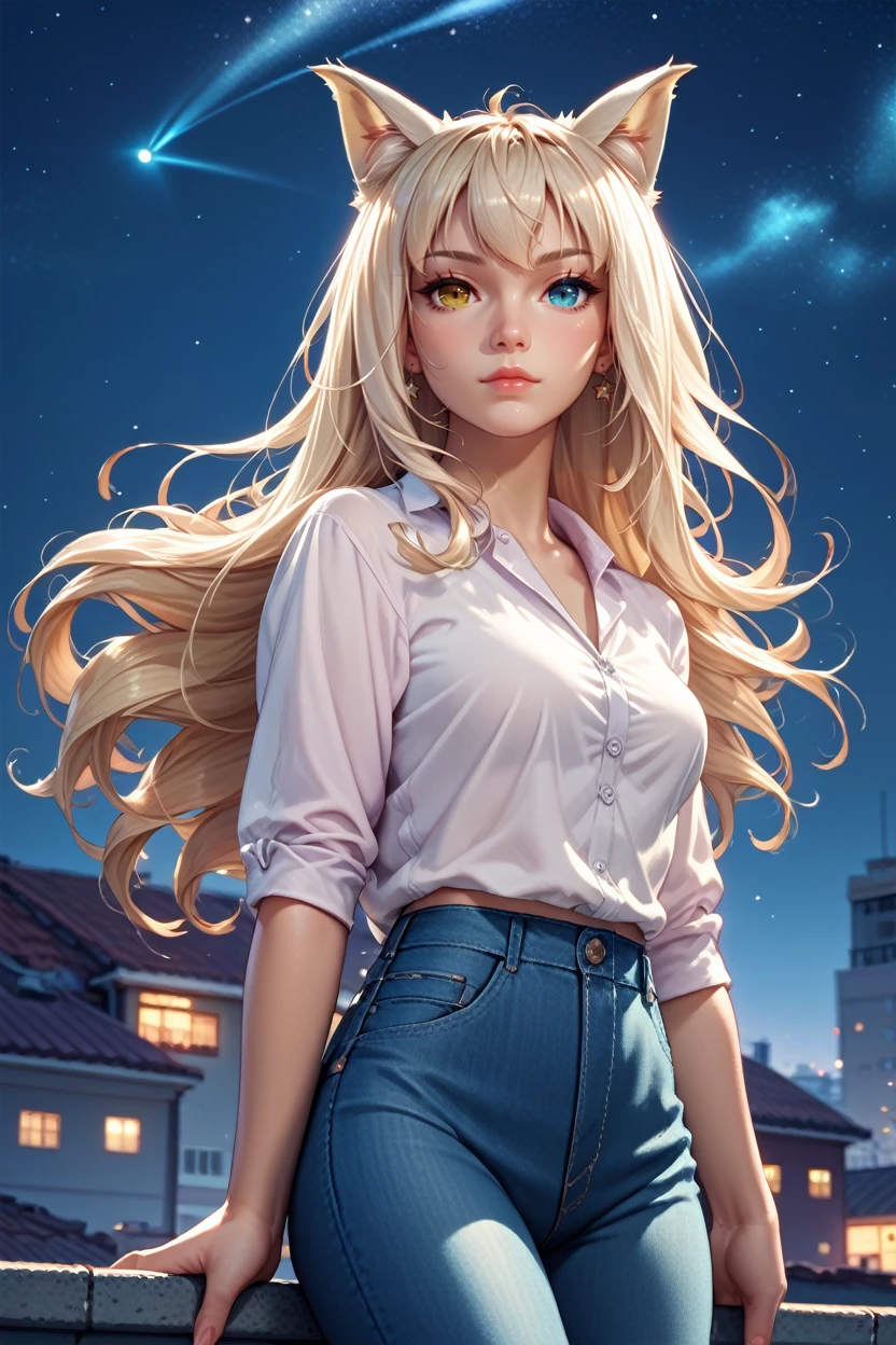 score_9, score_8_up, score_7_up, score_6_up
<lora:NPCoconut:1.0>
NPCoconut, 1girl, blonde hair, long hair, heterochromia, cat ears, looking at viewer, standing on a rooftop at night, city lights twinkling below, wind gently blowing hair, starry sky above, mysterious and enchanting ambiance