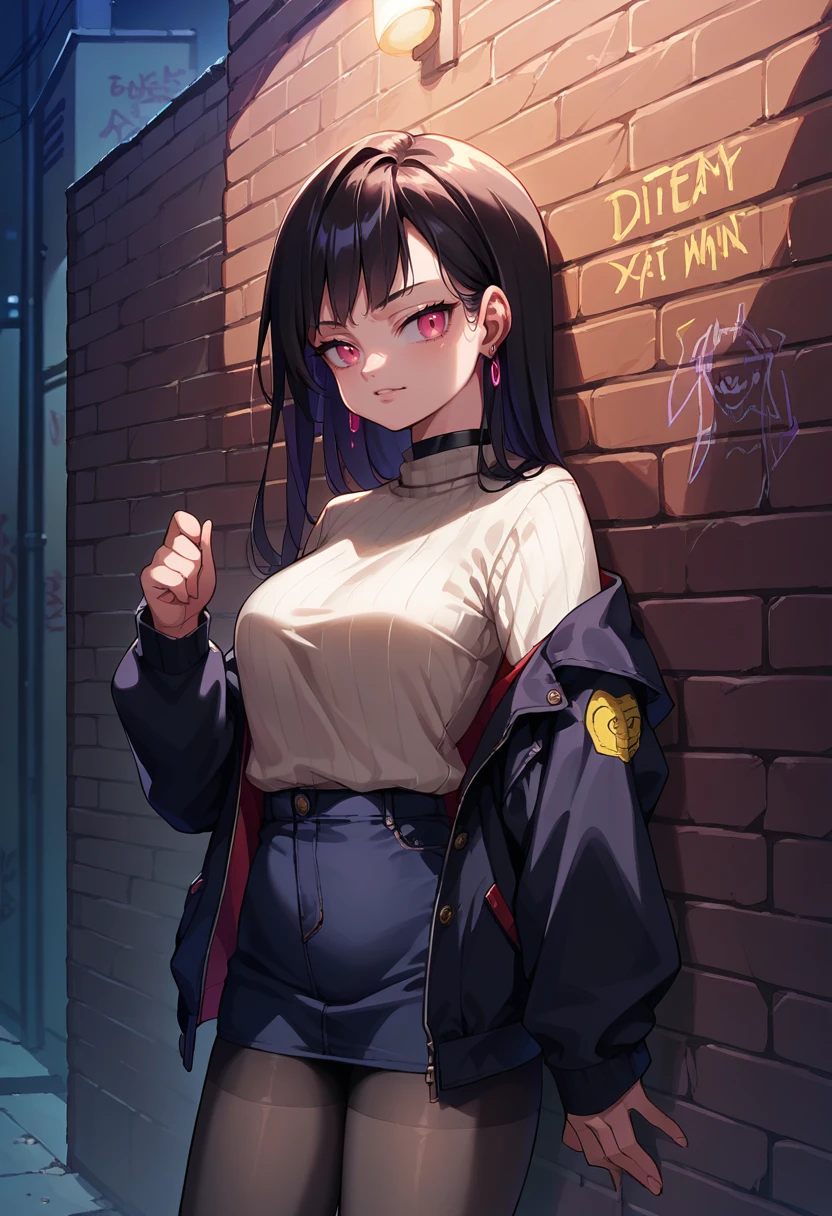 score_9, score_8_up, source_anime, 1girl, solo, Tights-chan, long hair, earrings, sharp eyes, choker, neon shirt, open jacket, turtleneck sweater, night, against wall, brick wall, graffiti, dim lighting, alley, looking at viewer, <lora:ChamTightsChanPonyXL:1>