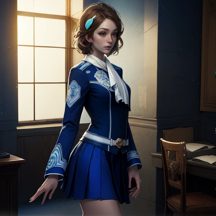 solo, cowboy shot, <lora:yokoTachibana:0.8> yoko_tachibana, brown hair, short hair, hair ornament, brown eyes, scarf, ascot, white scarf, uniform, blue uniform, long sleeves, bracelet, belt, skirt, blue skirt, miniskirt, pleated skirt, knee boots, indoors, standing, side profile, from side, masterpiece, best quality, absurdres, highres, 4k, ray tracing, perfect face, perfect eyes, intricate details, highly detailed