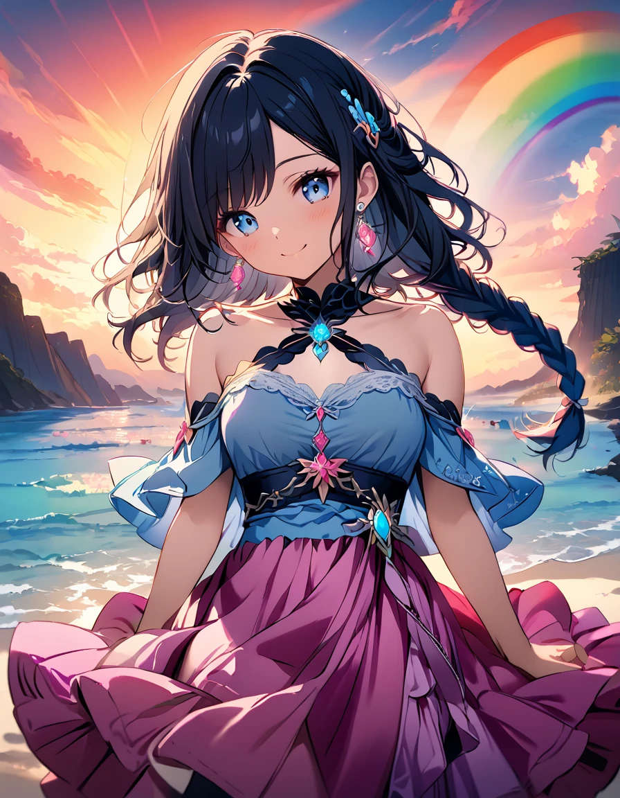 dreamy soft lines, vibrant colors, high detailed illustration, (solo), 1woman, sapphire blue eyes,  black hair, long hair, braided bangs, messy braid, (solo), light smile, blush, head tilt, modern princess dress, light blue dress, lace off shoulder, criss-cross Halter Neckline, 
BREAK
(pink sarong skirt:1.9)
BREAK
beach, beautiful sunset, light rain, dynamic rainbow, fantasy setting  <lora:Dreamy_soft_lines_for_Pony:1>