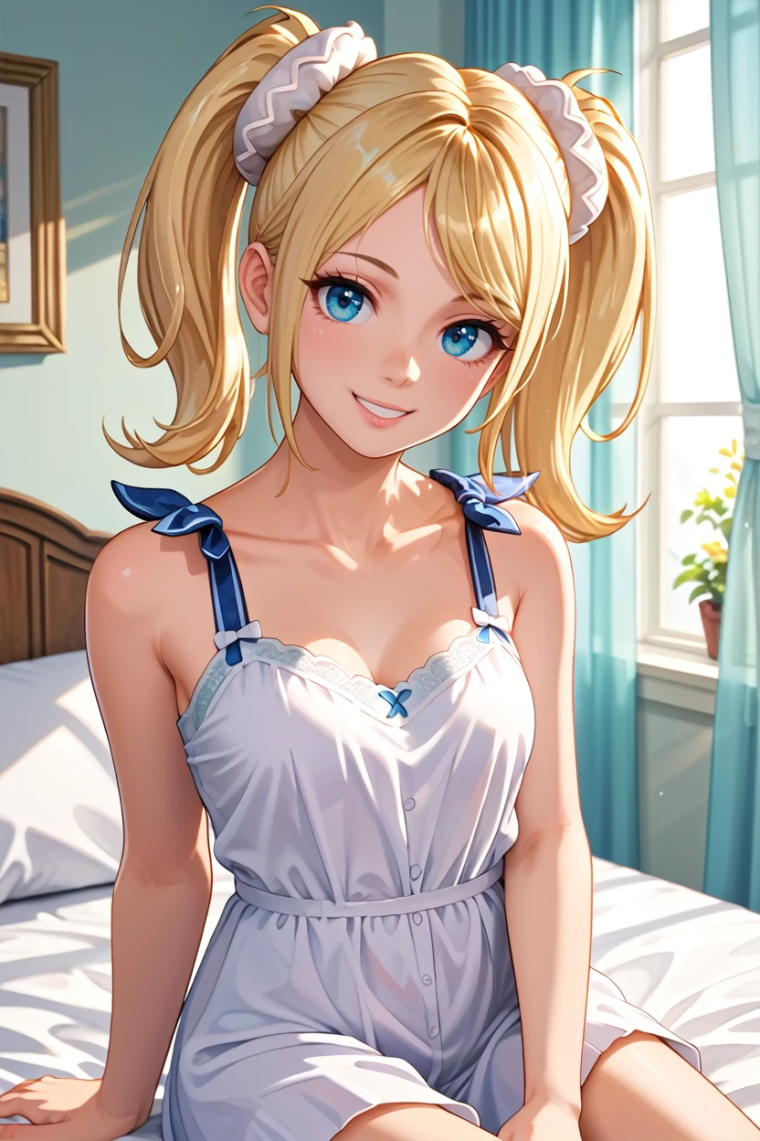 score_9, score_8_up, score_7_up, score_6_up
<lora:LCJuliet:0.8>
LCJuliet, 1girl, blonde hair, twin tails, blue eyes, looking at viewer, smiling softly, sitting on edge of bed, one hand playing with hair, cozy bedroom, warm morning light, sunlight filtering through curtains