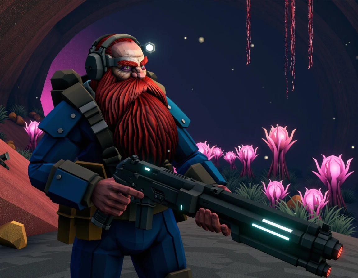 cinematic photo of dr_scout,  with huge red beard,  wearing communication headset, wearing blue uniform, holding a futuristic gun, in a dark cave with strange bio-luminescent plants 
 <lora:DeepRock-v3-000014:0.9> deeprock