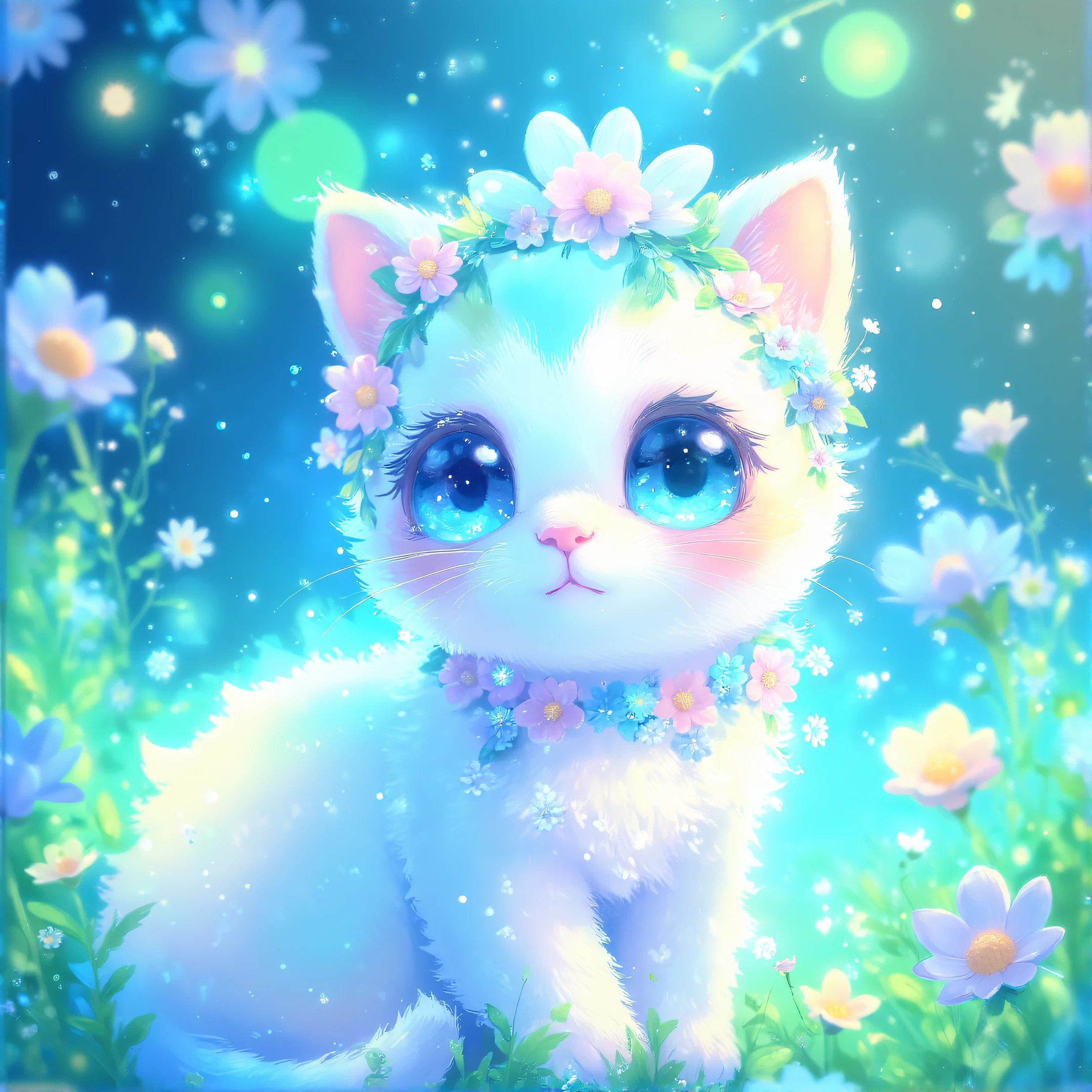 ArsMJStyle, Cute, Cat, The image shows a white cat with blue eyes sitting in the middle of a field of flowers surrounded by a magical atmosphere of blue and white. The cat is surrounded by lush green plants and colorful flowers creating a beautiful and whimsical scene., no humans, cat, blurry, animal focus, blue eyes, animal, whiskers, depth of field, bokeh, blurry background