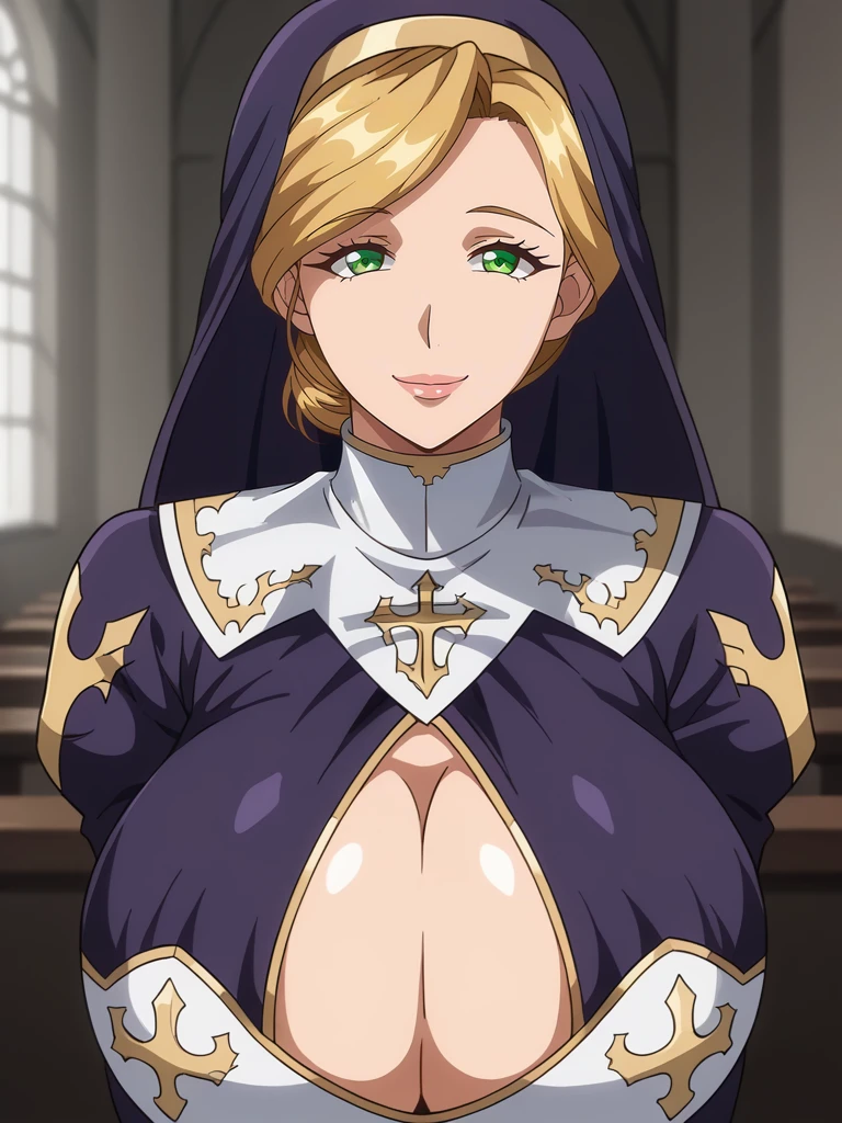 <lora:Eris_Angel-Kyonyuu_Onna_Senshi_Dogeza_Saimin:0.7>,Eris,mature female,1girl,solo,green eyes,blonde hair,huge breasts,nun,habit,cleavage cutout,upper body,looking at viewer,indoors,smile