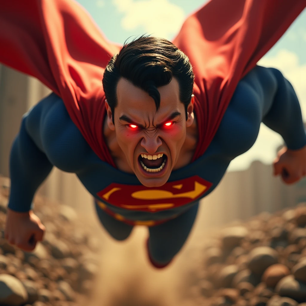 Hyperrealistic art of <lora:facial expression style v1:1>
angry facial expression of a angry animated superman flying through the air with a red cape and red eyes, themed, sharp, detailed skin, epic cinematic photography, artistic, creative, wrinkly face, dramatic lighting style, cinematic color style, Kodak film style, skin pore, emotional style, gustier style, facial expression style, angry facial style, solo, short hair, black hair, red eyes, 1boy, closed mouth, upper body, male focus, cape, bodysuit, muscular, glowing, muscular male, clenched hand, glowing eyes, veins, red cape, superhero, blue bodysuit, debris, destruction, rubble, clenched hands, western comics (style), rock, manly, dust
, Extremely high-resolution details, photographic, realism pushed to extreme, fine texture, incredibly lifelike