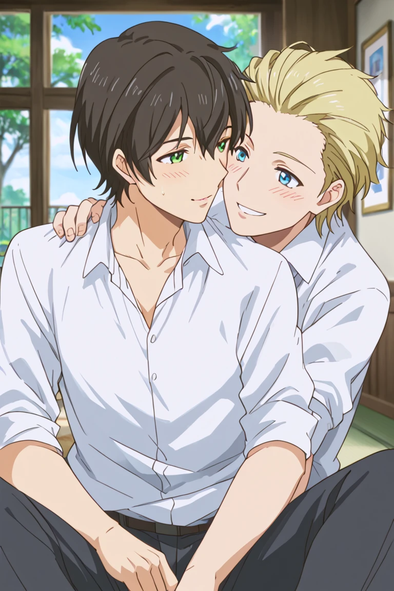 score_9, score_8_up, score_7_up, source_anime, rating_explicit, AlexDG, blonde_Alex_hair slicked back, blue_Alex_eyes, NatsuoDG, black_Natsuo_male hair, [[green_Natsuo_eyes]], gay couple focus, 1androgynous, 1boy, anime screencap, homo, siblings, sweet-cute wallpaper, happy-cheery