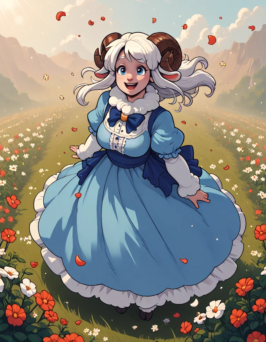 zPDXL3, score_9, score_8_up, score_7_up, score_6_up,  solo, outdoors, field, flowers, sunbeam, sheep girl, neck tuft, white hair, sheep horns, blue eyes, blue dress, frills, puffy sleeves, ribbons, bowtie, long hair, lens flare, from above, happy, wind, petals, mature female, milf, <lora:cobatsart:1> , <lora:Skin_Softener:1>, <lora:zy_Detailed_Backgrounds_v1:1>,,  <lora:Pony_QualityV4.0:1>,  <lora:Pony_DetailV2.0:1>
