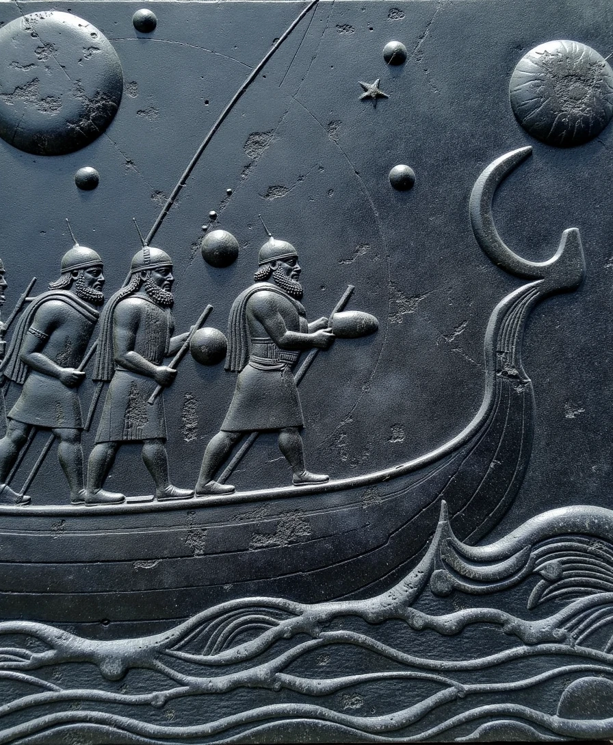 a bas relief sculpture. The sculpture is carved from a dark-colored granite stone  with a weathered texture that suggests it has been exposed to the elements for a significant time. relief depicts A group of Viking warriors stands on a longship, their faces stoic as they navigate through the night sky. Instead of waves, the boat sails across stars and constellations, blending Viking mythology with cosmic elements.. The texture of the stone is rough and uneven with some areas showing signs of erosion or damage. The overall style is reminiscent of ancient Greekart with an emphasis on detailed symbolic representation.