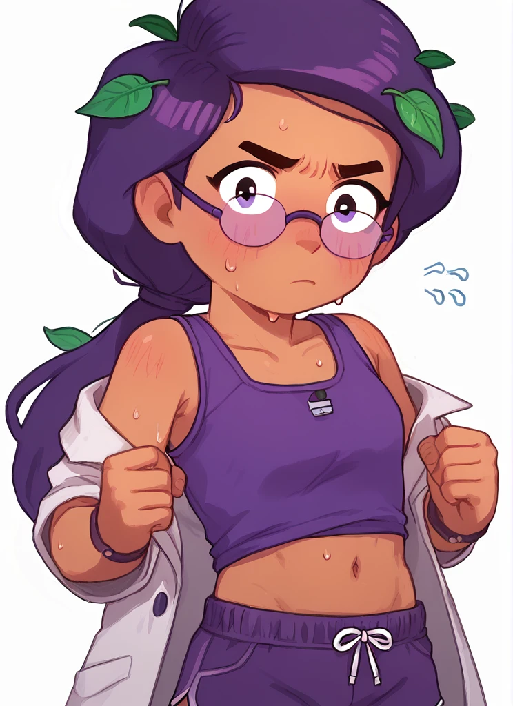 score_9, score_8_up, score_7_up,   <lora:bsrosa:1>bsrosa , 1girl, purple hair,  leaf hair ornament, dark skin   ,looking at viewer,  sweat, breast   , low ponytail, purple shorts, sleeveless shirt, glasses, navel, purple  tank top, breast  , blush,  lab coat, simple background,   <lora:PossumMachine:1>posmach , confused, ??? ,nervous,