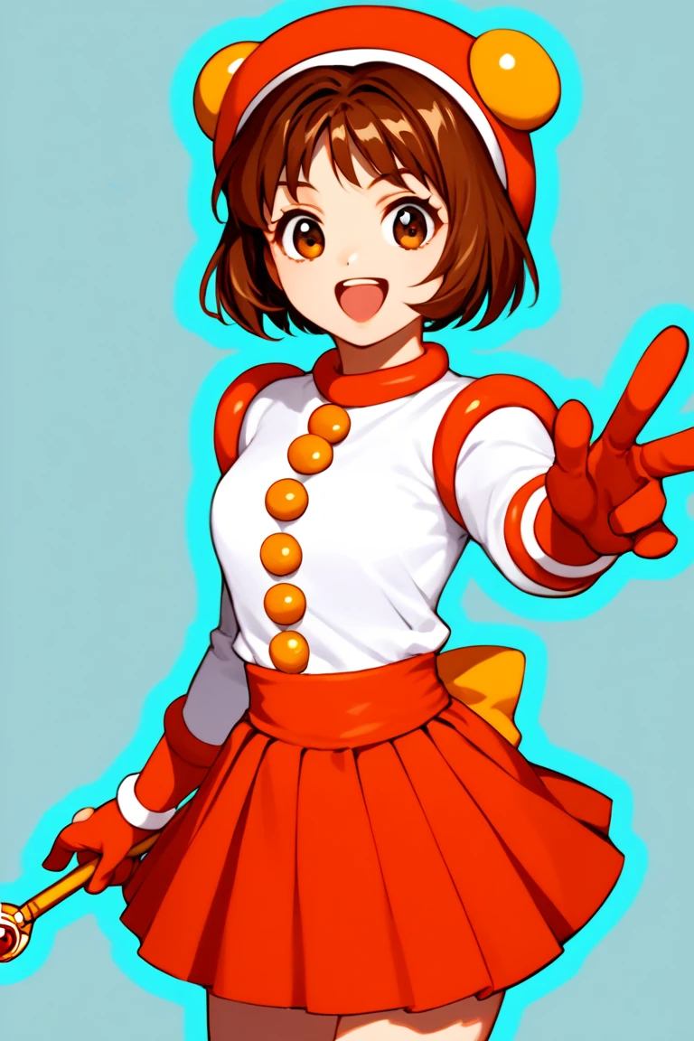 score 9, score 8 up, score 7 up, clarahananokouji, 1girl, solo, smile, short hair, skirt, brown hair, shirt, gloves, long sleeves, hat, bow, holding, brown eyes, open mouth, white shirt, cowboy shot, red skirt, magical girl, red gloves, wand, holding wand