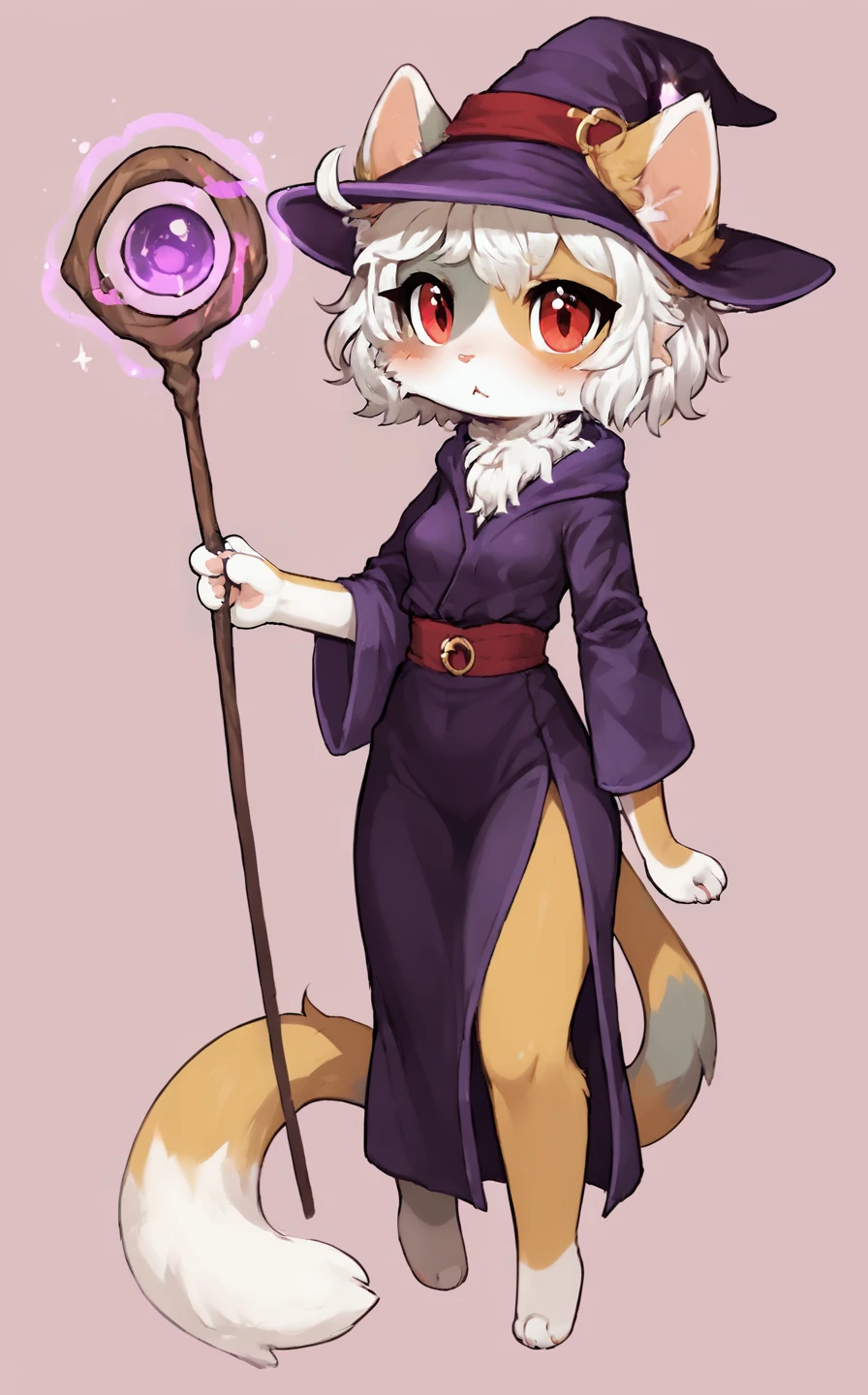 score_9, score_8_up, 1girl, solo, female arcanishhlm, blush:1.1, full body, slim, dark purple witch hat, dark purple witch robe, holding magic staff, chibi <lora:Arcanis_Hahaluckyme-000009:1>