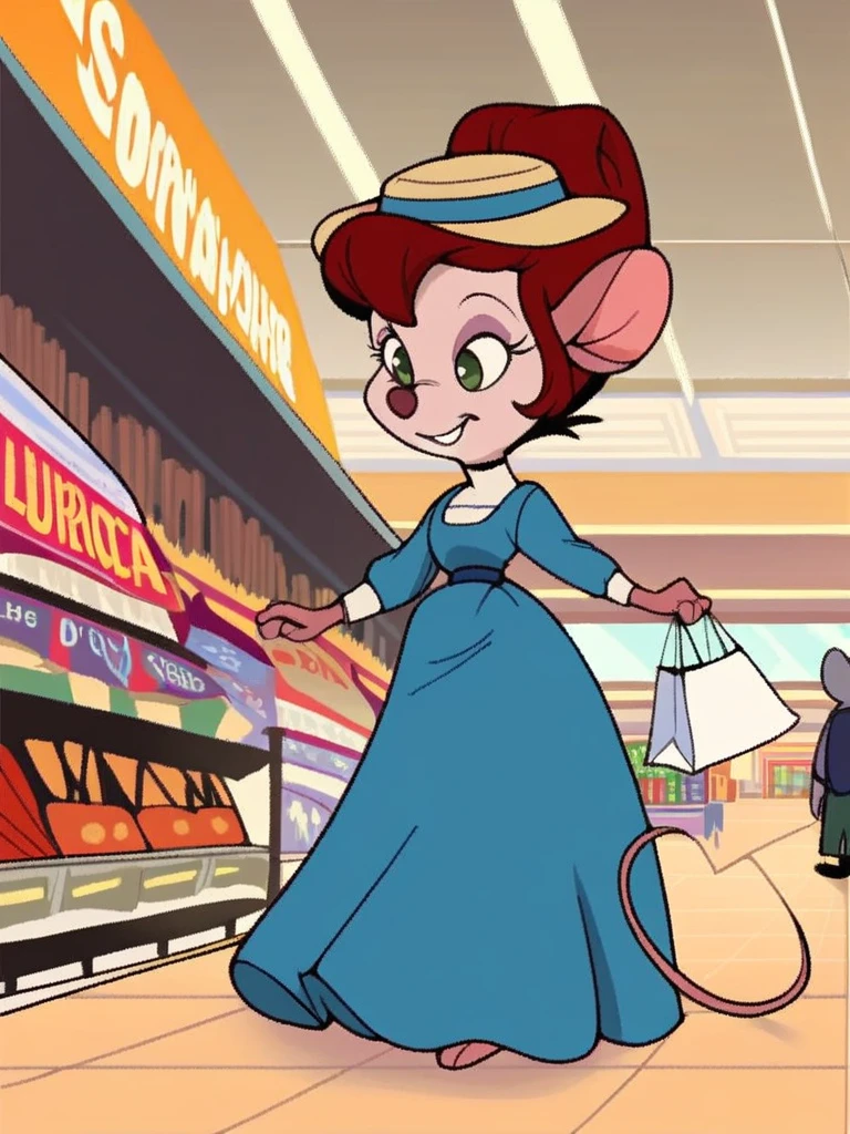 score_9, score_8_up, score_7_up, score_6_up, score_5_up, score_4_up , Nellie_Brie, blue dress, blue sash, hat, shopping bag, storefront, shopping mall, crowd, detailed background, detailed face, detailed eyes, detailed hands, <lora:nellie:1>