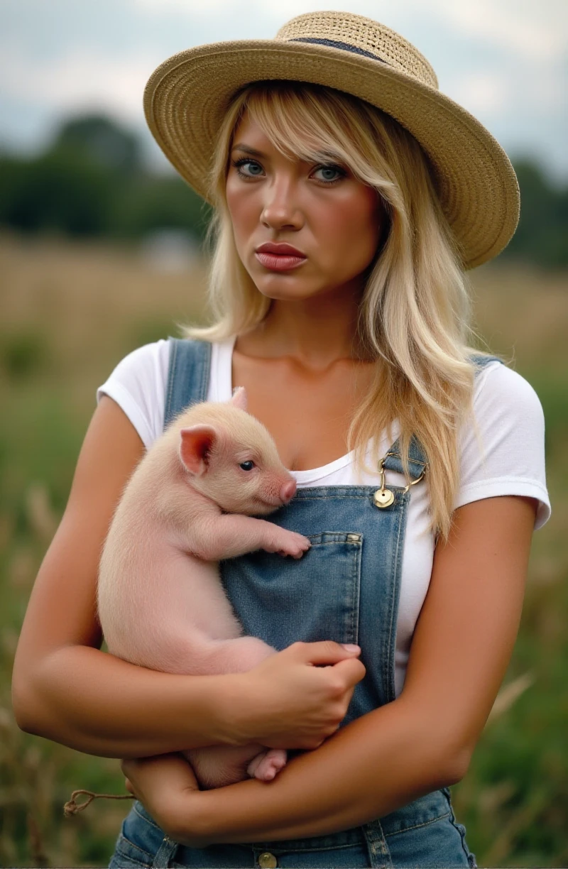 Kascha is a woman. She wears a tshirt and overalls at the farm. She is posing holding a cute piglet<lora:Kascha:0.9>