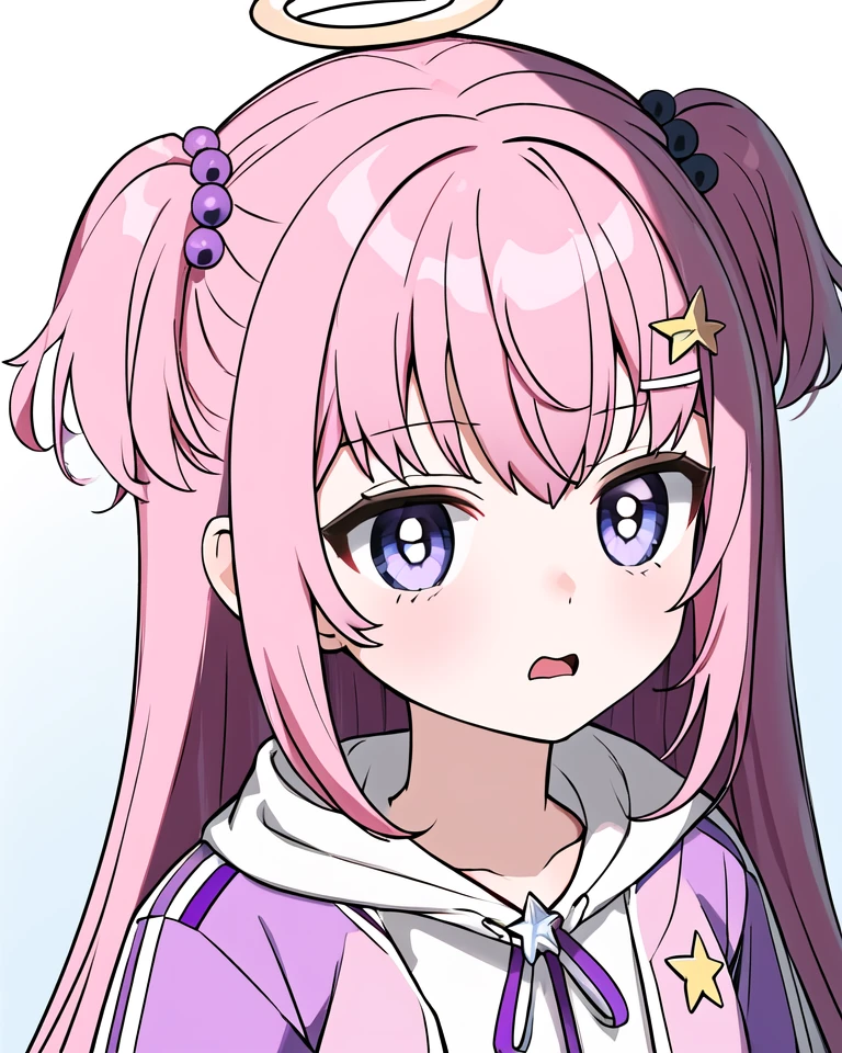 <lora:Moesd15:0.75>,
(masterpiece,best quality,detailed face,highly detailed),1girl,solo,
(pink hair:1),two side up,(long hair),(deep blue eyes:1),(star hair ornament,hairclip:1.1),hair (purple:1.2) bobbles,(halo:1),purple neck ribbon,(pink jacket:1.1) with (white sleeves:1.1),hood down,open clothes,
surprised,constricted pupils,