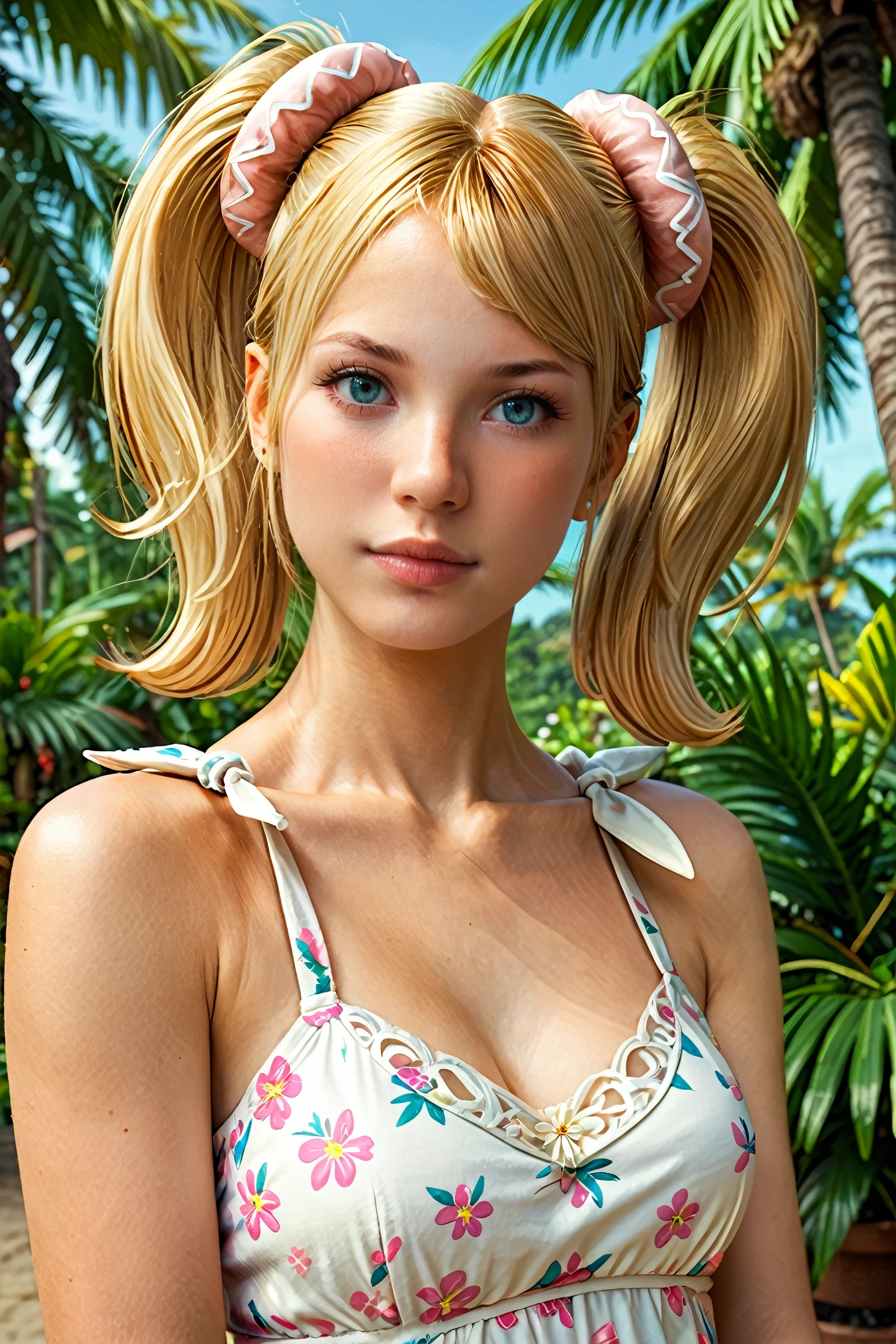 score_9, score_8_up, score_7_up, score_6_up
<lora:LCJuliet:0.8>
LCJuliet, 1girl, blonde hair, twin tails, blue eyes, looking at viewer, on a tropical island, sundress, palm trees