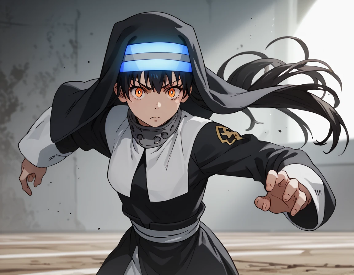 score_9, score_8_up, score_7_up, score_6_up, score_5_up, score_4_up, source_anime   <lora:FireForce:1>, dynamic pose, action shot, ,   Tamaki, long hair, twintails, black hair, orange eyes, bright pupils,  nun, habit,