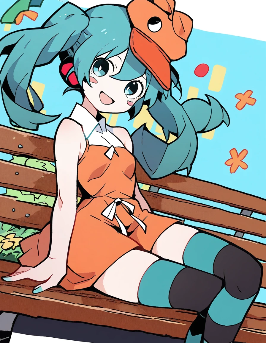 score_9,score_8_up,score_7_up,score_6_up,score_5_up,score_4_up,1girl sittin ong a park bench, (hatsune miku:0.8), blush stickers, striped thighhighs, orange hat, blush stickers, dutch angle, smile, orange dress, open mouth, head tilt,     <lora:akableak_style_pony6_v1-000034:1>