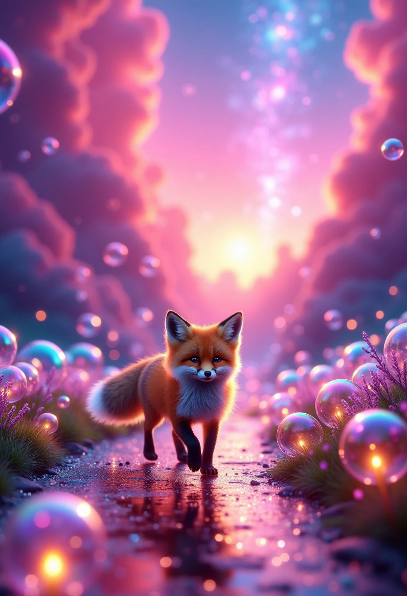 A tiny fox prances on a path of glowing dream bubbles floating through a rainbow-lit sky. Each bubble reflects shimmering stars, while the sky shifts between pink and blue hues.