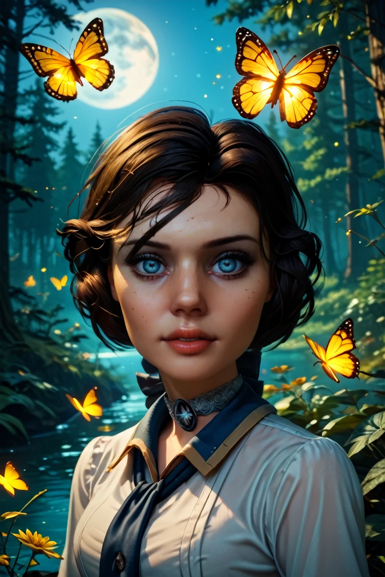 score_9, score_8_up, score_7_up, score_6_up, score_5_up, score_4_up
<lora:BioshockElizabeth:1.0>
BioshockElizabeth, 1girl, brown hair, blue eyes, looking at viewer, glowing golden butterflies, at night, forest, moon