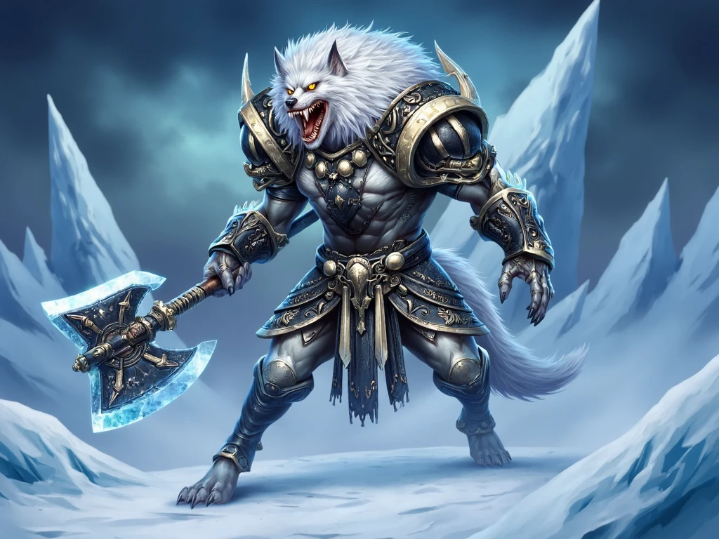 krrat style, digital illustration, vivid fantasy-themed artwork featuring a menacing werewolf creature in a snowy icy environment. The creature is adorned in intricately designed armor in shades of black and silver with ornate patterns and symbols and bone-like structure. Shoulder pads with massive horned animal skulls, It wields large icy-looking battle axe and poised in a defensive stance ready for combat. The wolf's fur is a mix of white and gray and its eyes glow with a fierce intensity. The background is a blend of cool blues and whites with jagged ice formations and a cloudy sky suggesting a cold possibly winter setting,  <lora:sxz-Krrat-Flux:1>