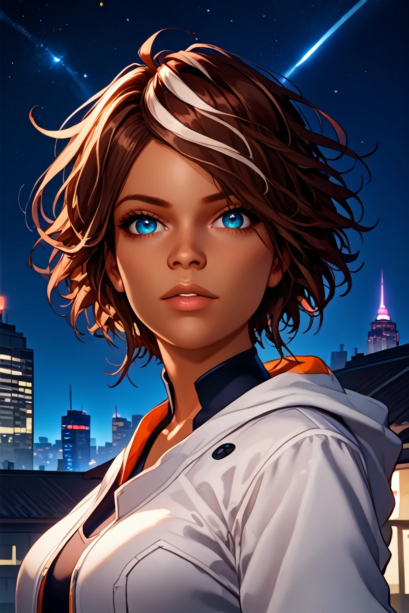 score_9, score_8_up, score_7_up, score_6_up
<lora:RMNilin:1.0>
RMNilin, 1girl, brown hair, white streaks, short hair, dark skin, blue eyes, looking at viewer, standing on a rooftop at night, city lights twinkling below, wind gently blowing hair, starry sky above, mysterious and enchanting ambiance