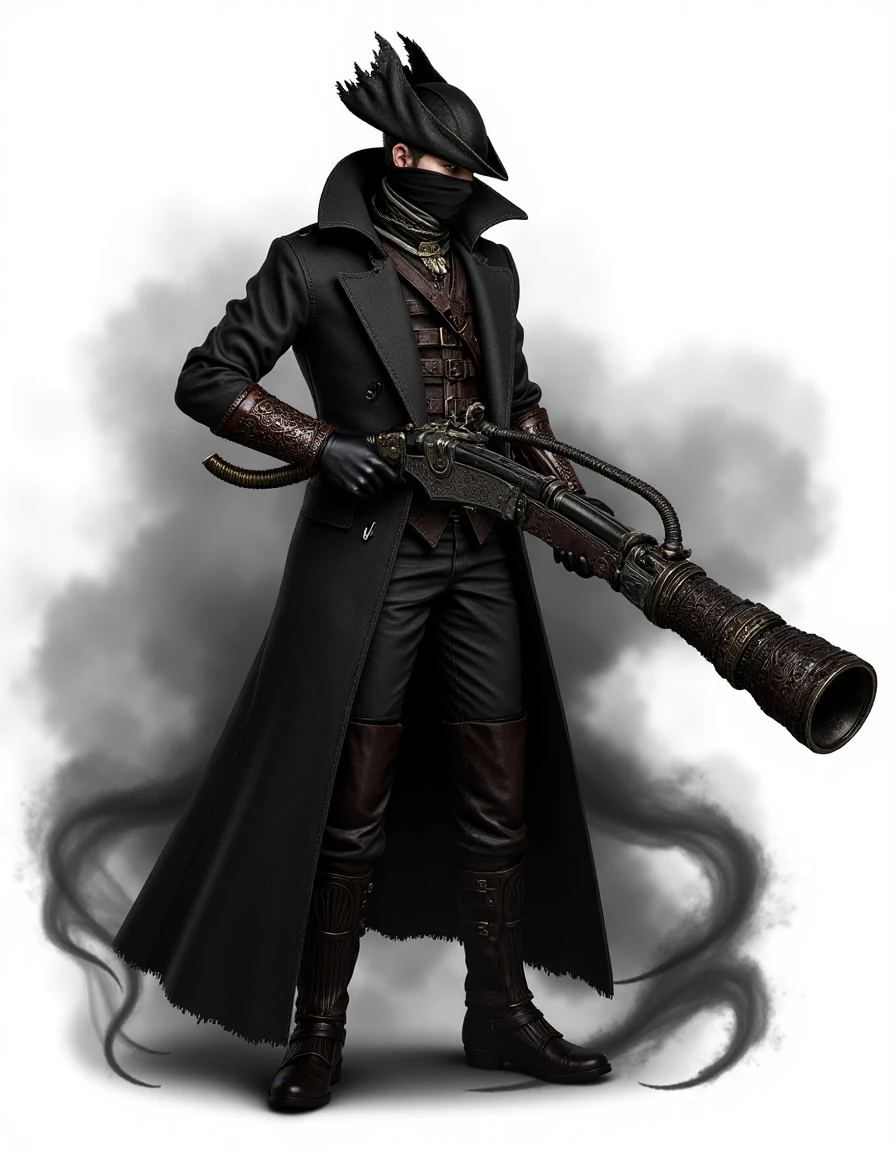 The Hunter a character from Bloodborne is depicted in a dramatic pose dressed in a dark ornate outfit with a long coat and a distinctive tattered top hat. He wields a large intricate firearm and is surrounded by dark smoky tendrils that evoke a sense of foreboding and danger. <lora:f1_char_hunter_v2:1>