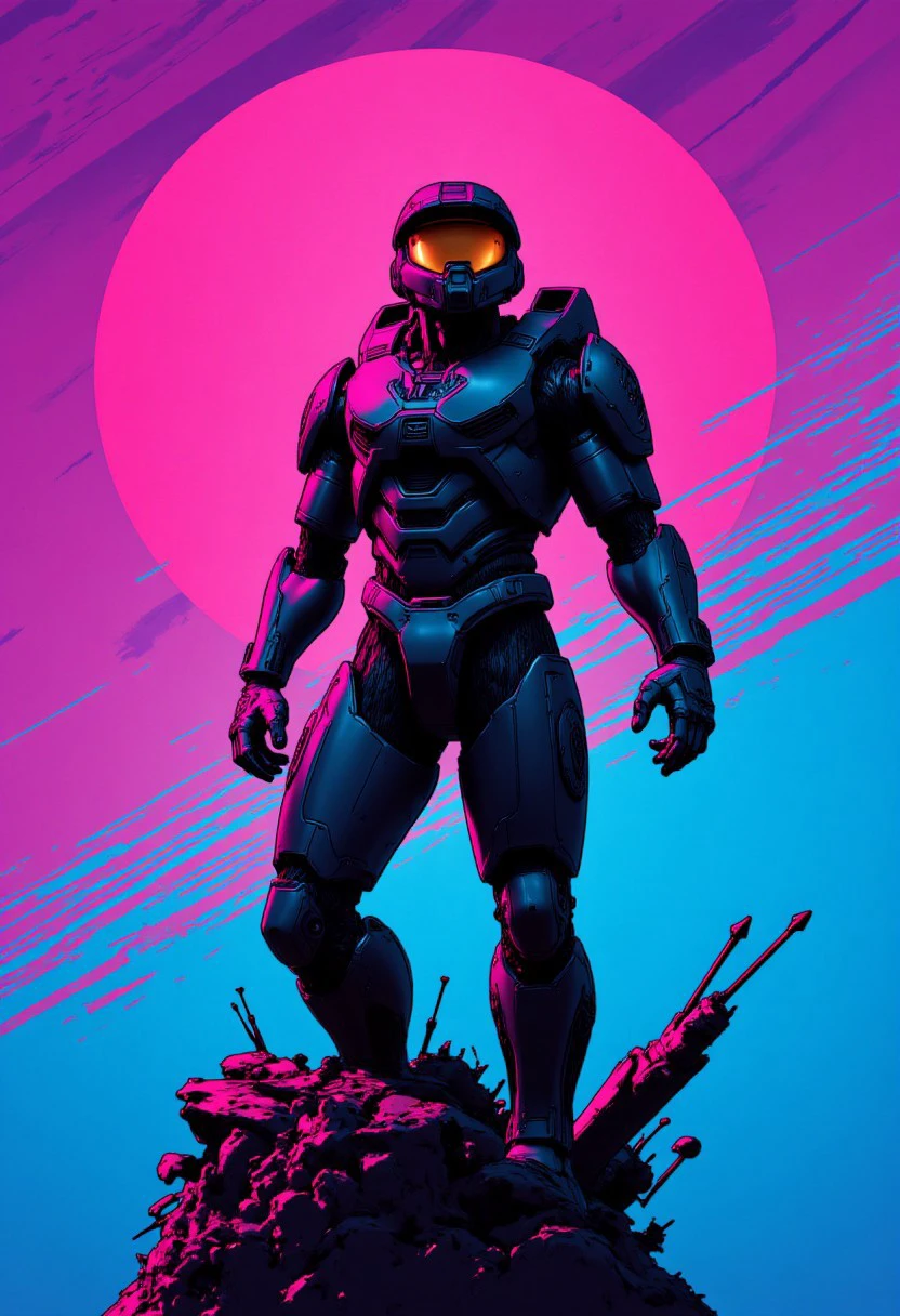 dsk_aesthetic, comic art style, solo, halo, 1boy, male focus, statue, arrow (projectile), upper body, synthwave, vaporwave, gradient overlay, neon aesthetic, retrowave, punkwave, cyberpunk,