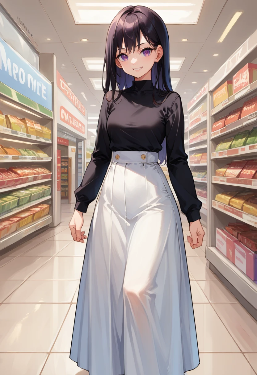 score_9, score_8_up, source_anime, 1girl, solo, Tights-chan, long hair, high-waist skirt, long skirt, white skirt, black shirt, long sleeves, smile, standing, indoors, shopping mall, <lora:ChamTightsChanPonyXL:1>