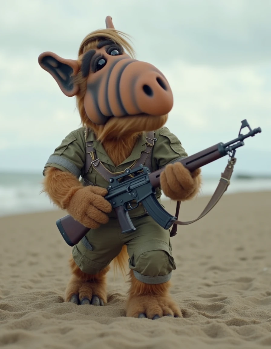 a photo of the newly discovered animal, <lora:flux_Alflux:1> Alflux, dressed as a soldier, shown storming the beaches of normandy