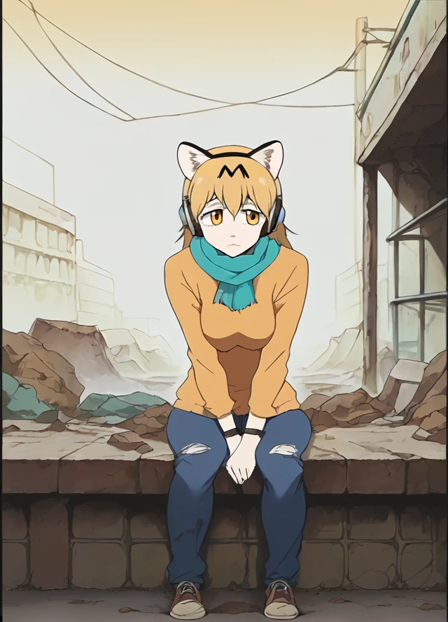 score_9, score_8_up, score_7_up, score_6_up, flcl, flcl_style,  jaguar_\(kemono_friends\), Post-apocalyptic, shabby Radio Operator's Gear: Headphones, sweater, jeans, sneakers, wristwatch., Wearing a Scarf, Sitting down with legs crossed , in a post-apocalyptic abandoned shopping plaza, broken storefront windows, debris-filled dried fountain, abandoned cars.  <lora:FLCL_Pony:1> <lora:Haruko Haruhara Pony XL:1>