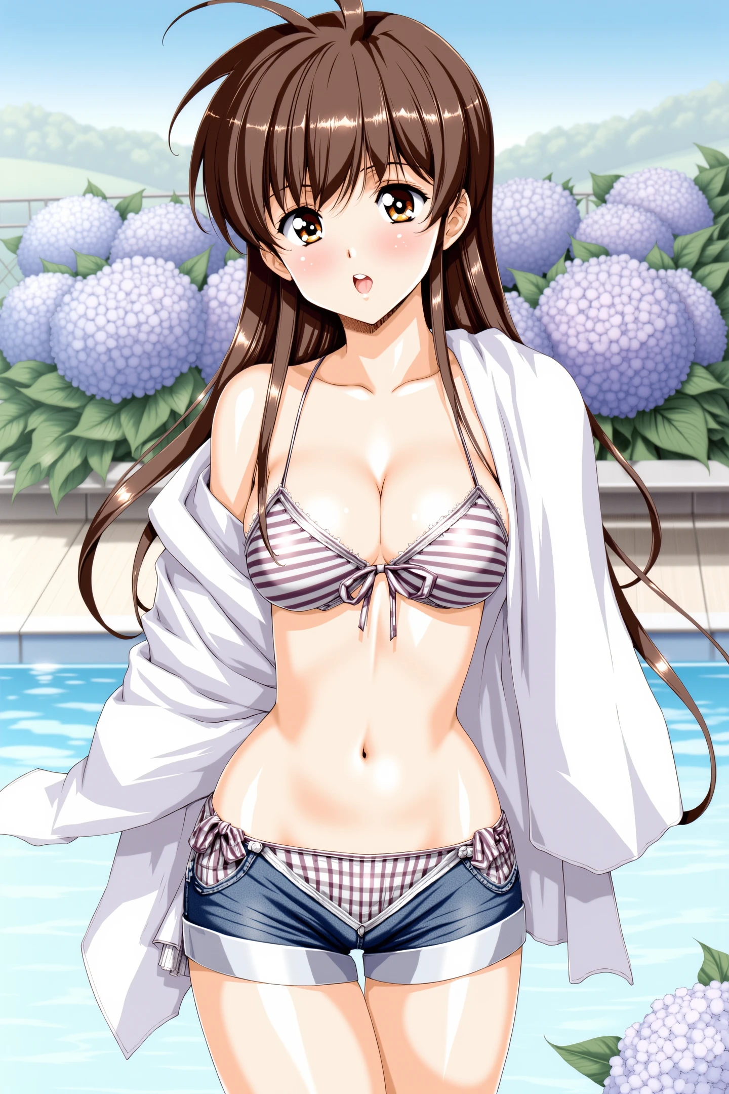 1girl,swimsuit,breasts,bikini,solo,long hair,striped bikini,shorts,brown hair,striped clothes,navel,open mouth,brown eyes,open fly,front-tie top,cleavage,blush,medium breasts,wet,denim,denim shorts,short shorts,towel,collarbone,looking at viewer,front-tie bikini top,cowboy shot,outdoors,side-tie bikini bottom,swimming pool,hydrangea,
<lora:Urushihara Satoshi_FLUX:1>,