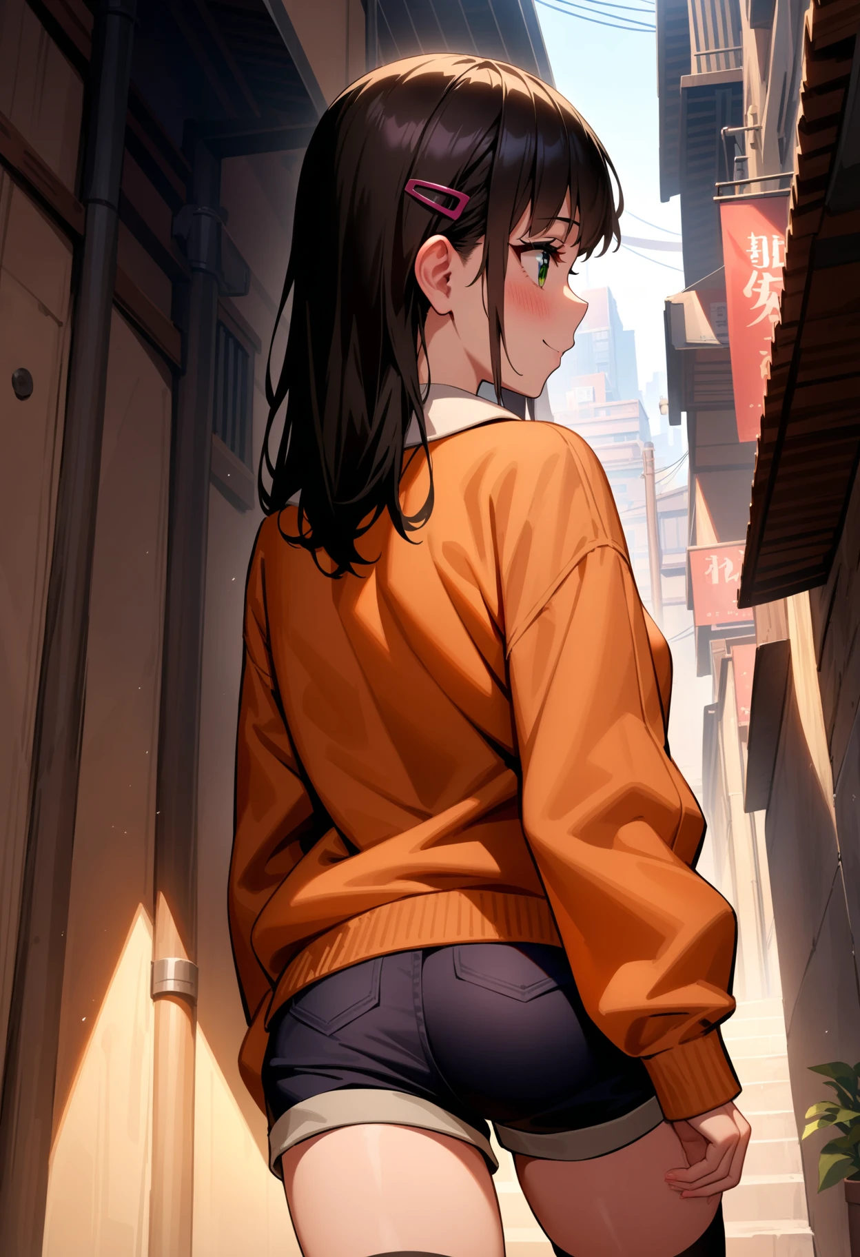 masterpiece,best quality,very aesthetic,absurdres,
1girl,solo,
<lora:Shoujo_v1:1>,shoujo01,long sleeves,jacket,shorts,hairclip,black_thighhighs,sneakers,<lora:Fixhands_anime_bdsqlsz_V1:1>,
cowboy_shot,blush,light_blush,walking,city,downtown,day,smile,from_back,looking_away,profile,((voyeur)),back alley,, masterpiece,best quality, very aesthetic, absurdres, ultra detailed, high resolution, 4k, extremely detailed CG,