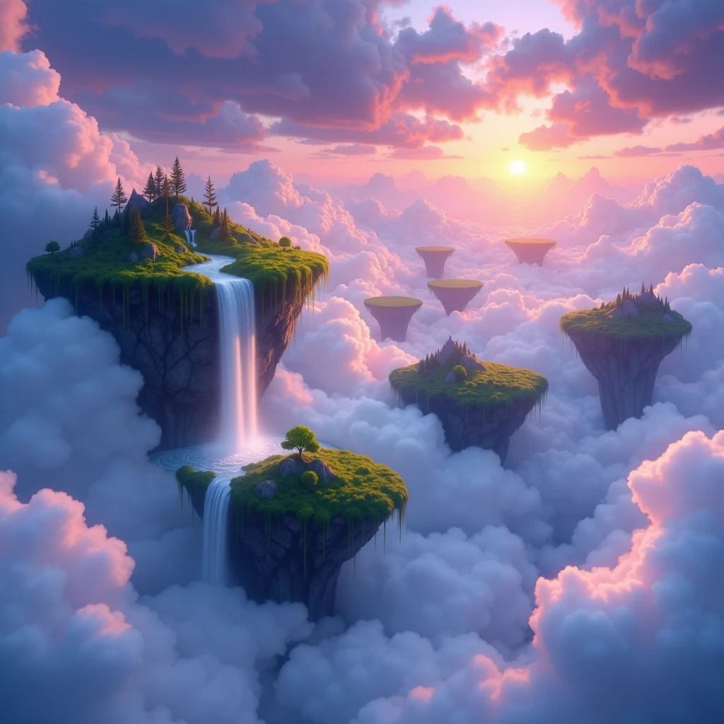 there are many floating islands among the clouds, there is vegetation on the floating islands, there are waterfalls cascading down from the floating islands, it is twilight, the scene is reminiscent of fantasy art, the scene is reminiscent of 'the elemental plane of air' in the universe of 'dungeons and dragons', <lora:Elemental_Planes-Air:1>, elementalplaneair