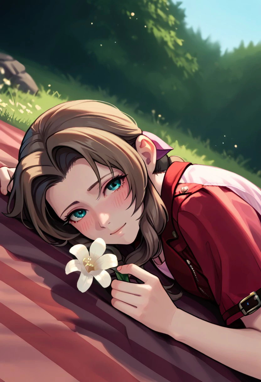 Bpb_hollow,score_9, score_8_up, score_7_up, score_6_up, ,1girl, solo , aerith,  outdoors,,  content, cropped jacket,lying, picnic blanket,Pink dress, holding a white flower in front of viewer , looking at viewer, blushing,dutch angle