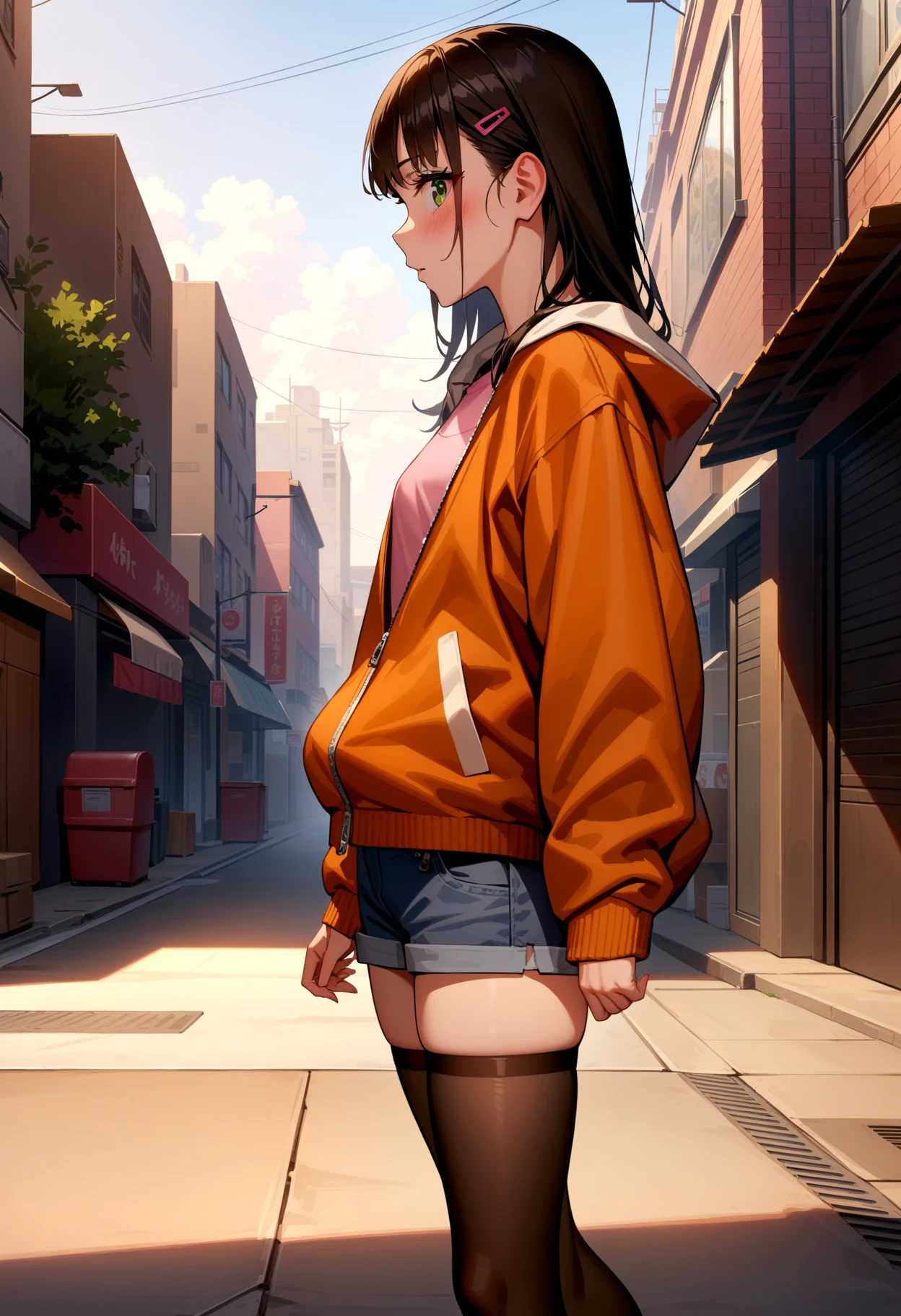 masterpiece,best quality,very aesthetic,absurdres,
1girl,solo,
<lora:Shoujo_v1:1>,shoujo01,long sleeves,jacket,shorts,hairclip,black_thighhighs,sneakers,<lora:Fixhands_anime_bdsqlsz_V1:1>,
cowboy_shot,blush,light_blush,looking_at_viewer,walking,profile,city,downtown,day,, masterpiece,best quality, very aesthetic, absurdres, ultra detailed, high resolution, 4k, extremely detailed CG,