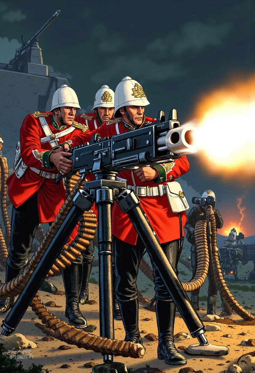 In a graphic novel style, visualize three Welsh Guard soldiers manning a heavy bolter mounted on a sturdy tripod. Their red coats contrast with the dark, smoky battlefield around them, while their white pith helmets gleam under the pale light. The first soldier fires the heavy bolter, each shot creating a bright flash that illuminates their grim expressions. The second soldier feeds the ammunition belt, sweat dripping down his face as he works quickly. The third soldier, standing nearby, uses binoculars to call out enemy positions. The artwork is detailed and gritty, with the heavy bolter’s glowing muzzle and the distant flashes of explosions creating a tense, dynamic atmosphere.