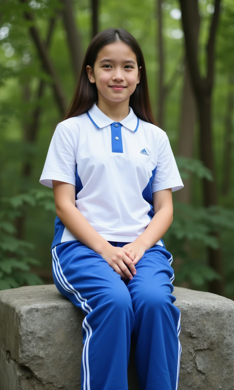 a 15-year-old girl wearing white shirt and blue pants. she sits on a stone at forest.