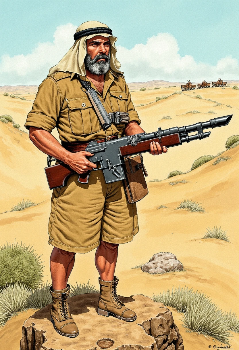 In a graphic novel style comic, picture a Long Range Desert Group soldier, his khaki uniform stained with the sweat and sand of weeks spent on reconnaissance missions. His keffiyeh flutters slightly in the dry desert breeze, shielding his face from the unrelenting sun. His shorts and worn boots are covered in dust, and a bandolier of energy cells crosses his chest. In his hands, he holds a lasgun, the weapon’s red energy beam cutting across the endless expanse of desert. He stands atop a rocky outcrop, firing down at a distant enemy convoy, the faint hum of the lasgun echoing off the surrounding sand dunes. His face is set in a grim expression, the harsh desert environment reflected in his determined eyes.