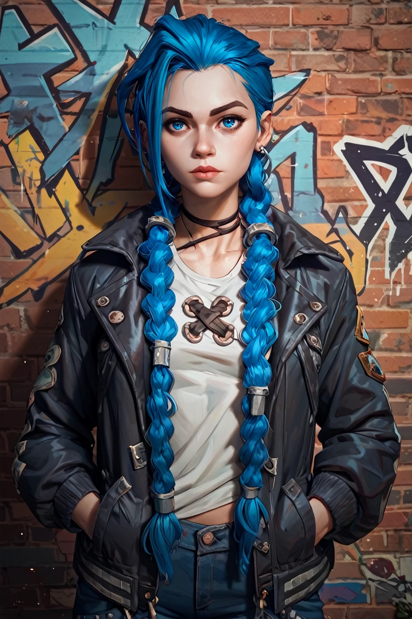 score_9, score_8_up, score_7_up, score_6_up
<lora:AJinx:0.8>
AJinx, 1girl, blue hair, twin braids, blue eyes, long hair, looking at viewer, leaning against a brick wall, hands in jacket pockets, urban alleyway with graffiti art, moody lighting with shadows, edgy and modern vibe