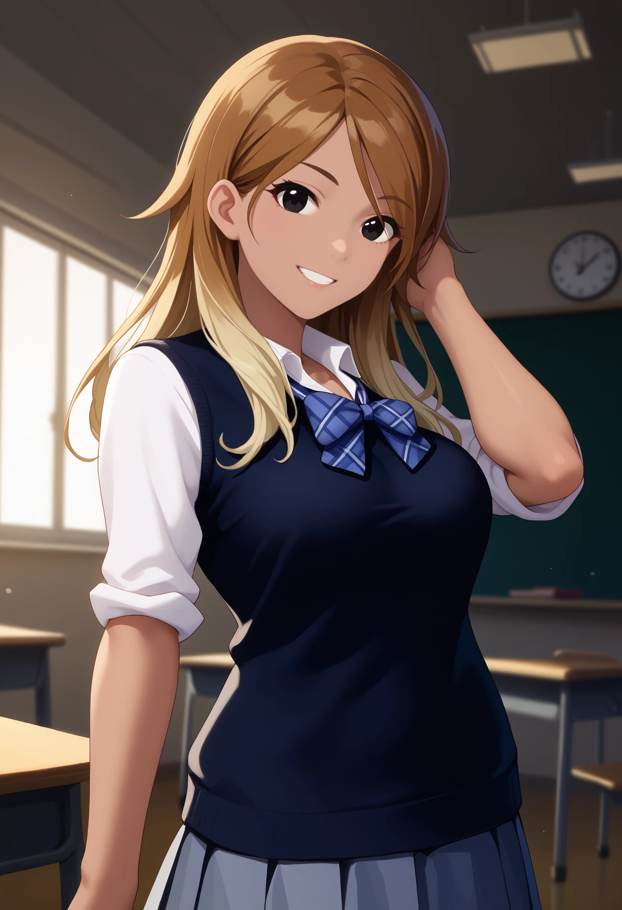 score_9, score_8_up, score_7_up, source_anime, <break> solo, 1girl, izumi mei, dark-skinned female, tan, smile, looking at you, standing, hand in own hair, long hair, black eyes, school uniform, black sweater vest, white shirt, collared shirt, blue bow, plaid bow, sleeves rolled up, grey skirt, pleated skirt, miniskirt, large breasts, indoors, classroom
<segment:yolo-face_yolov8m.pt,0.4,0.5//cid=1>