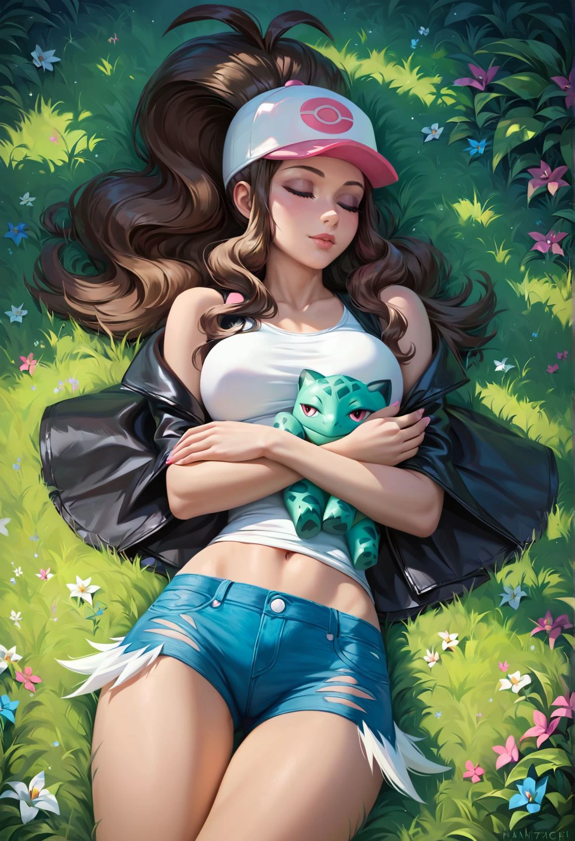 score_9, score_8_up, score_7_up,
ultra realistic, masterpiece, high detailed skin,
vibrant, highly detailed, award-winning, professional,
beautiful aesthetic, very intricate, high quality details.
1girl, hilda \(pokemon\), fully clothed, shorts, jacket,
stuffed animal, bulbasaur, pokemon \(creature\),
sleeping, hugging, lying,
outdoors, grass field, cowboy shot, detailed background