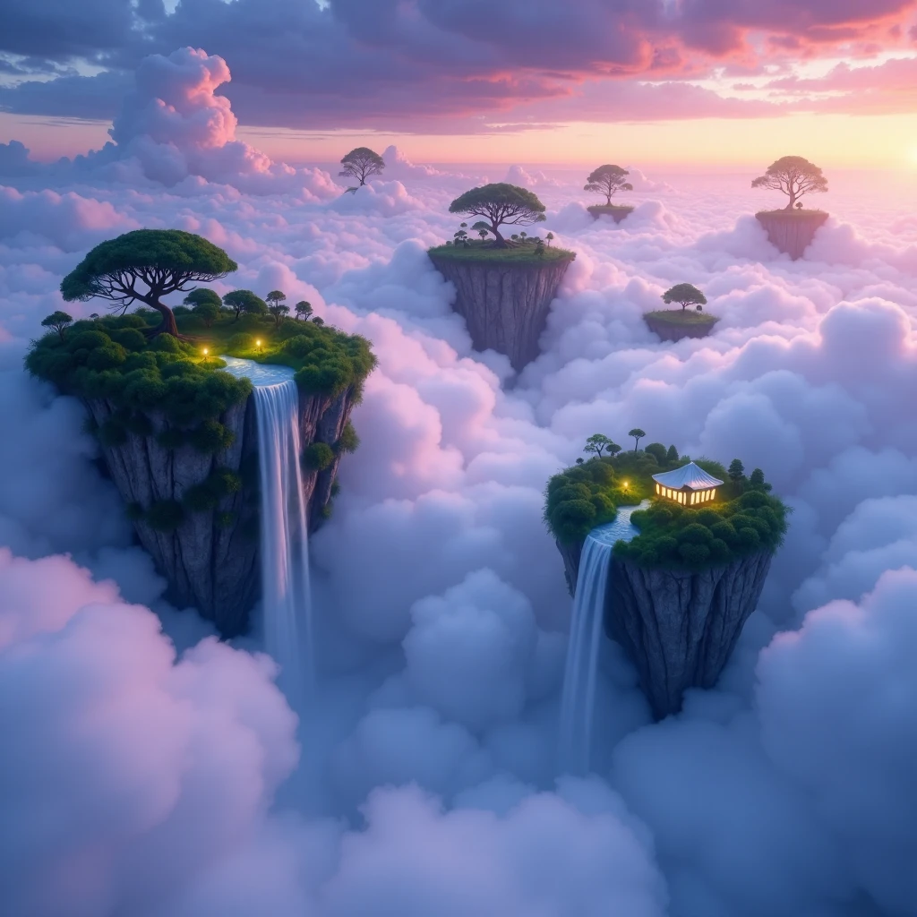 there are many floating islands among the clouds, there is vegetation on the floating islands, there are waterfalls cascading down from the floating islands, it is twilight, the scene is reminiscent of fantasy art, the scene is reminiscent of 'the elemental plane of air' in the universe of 'dungeons and dragons', <lora:Elemental_Planes-Air:1>, elementalplaneair