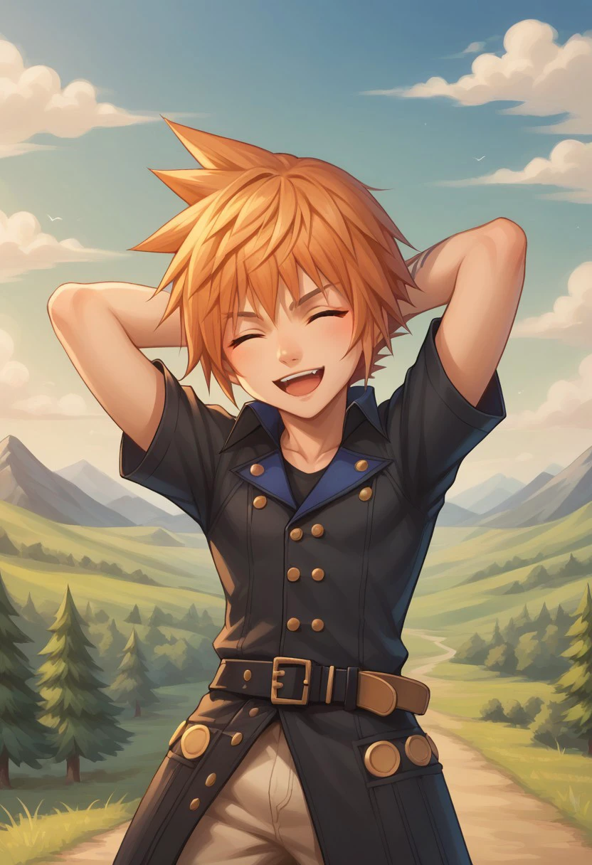 score_9, score_8_up, score_7_up, source_anime, highly detailed, 
lannff, 
solo, 1boy, male focus, spiked hair, closed eyes, belt, orange hair, standing, buttons, coat, pants, short sleeves, buckle, black coat, belt buckle, upper body, hands behind head, smile, open mouth
outdoor, sky, mountains, trees, clouds