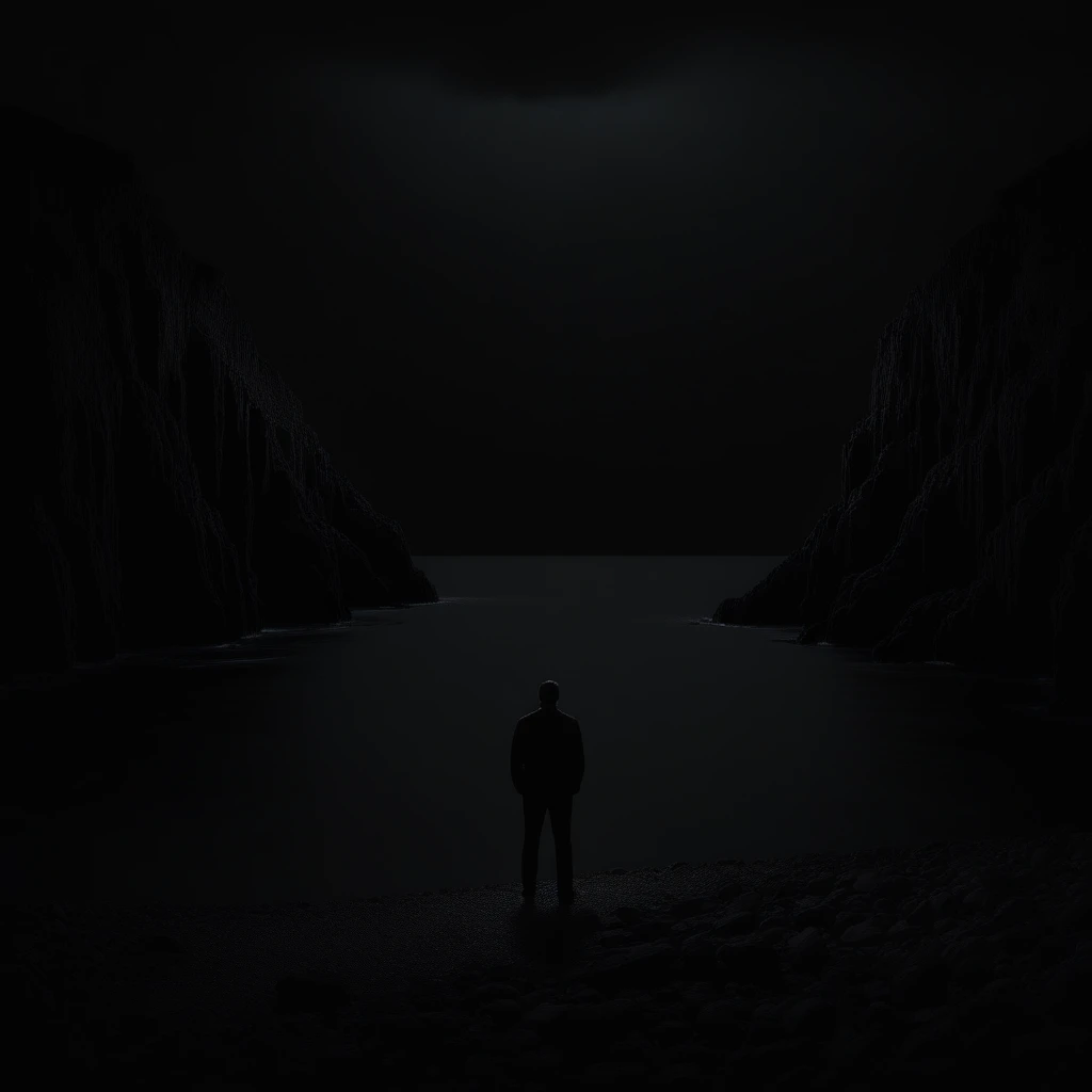 a man on a very dark cove looking out at a dark sky, dark