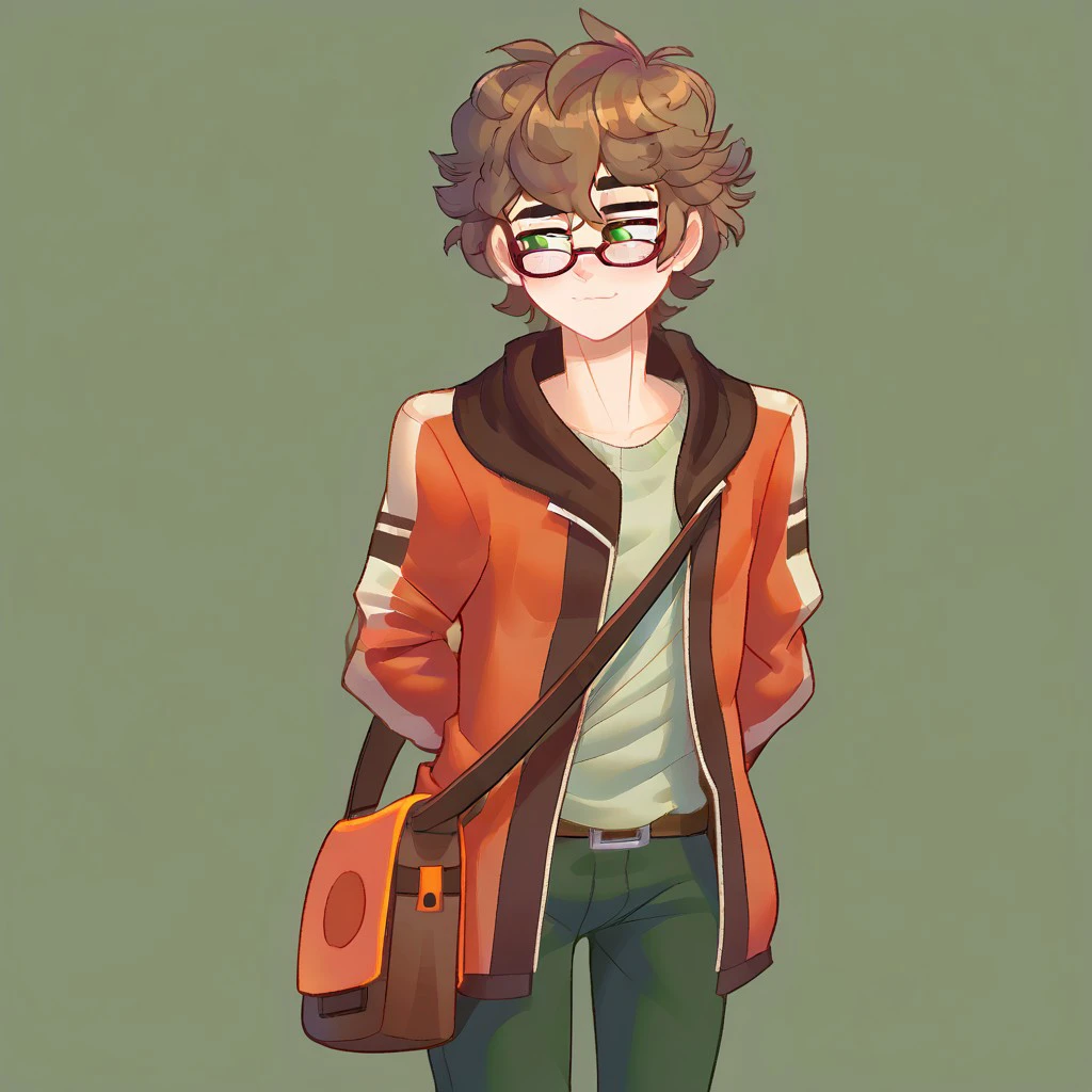 expressive eyes, perfect face, red glasses, orange jacket, brown hood, white stripe on sleeves, OPEN jacket, light green sweater, belt, green pants, brown shoulder bag, wristwatch, cowboy shot, score_9, score_8_up, score_7_up, score_6_up, green eyes, short hair, curly hair, brown hair, 1boy, cashew, closed mouth, looking away, blush, :3, half-closed eyes, red glasses, hands behind back, plain background, <lora:688196b8-14ab-42c6-a868-6081c99e1ac3:0.9>, <lora:42f8fcc2-f373-4b71-9e9a-956fb5b05a1a:1.0>