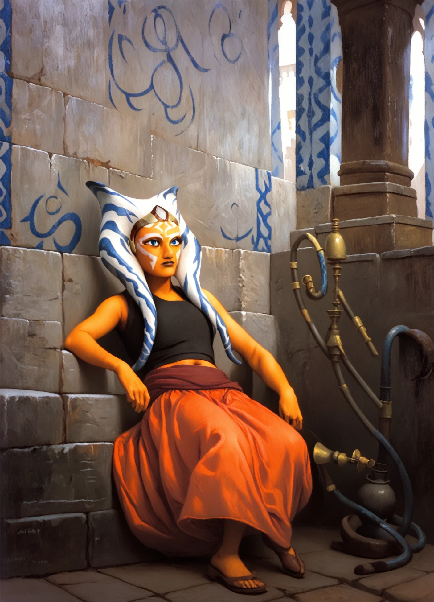 <lora:jean-leon-gerome_pony_v1:1>  ' ahsoka with pipe' by gerome jean-leon in,genre painting \(genre\),orientalism \(style\),female-portraits,lady,long hair,dress,the artwork is a genre painting that depicts a woman dressed in a red skirt and a black top,leaning against a stone wall. <lora:Pony-Character-AhsokaNSFW:1> , orange skin, white face paint, blue and white tentacle hair, head band, score_9, score_6_up, score_7_up